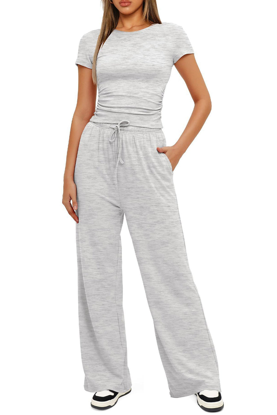 Solid Crew Neck Cotton T-shirt Pants Suits