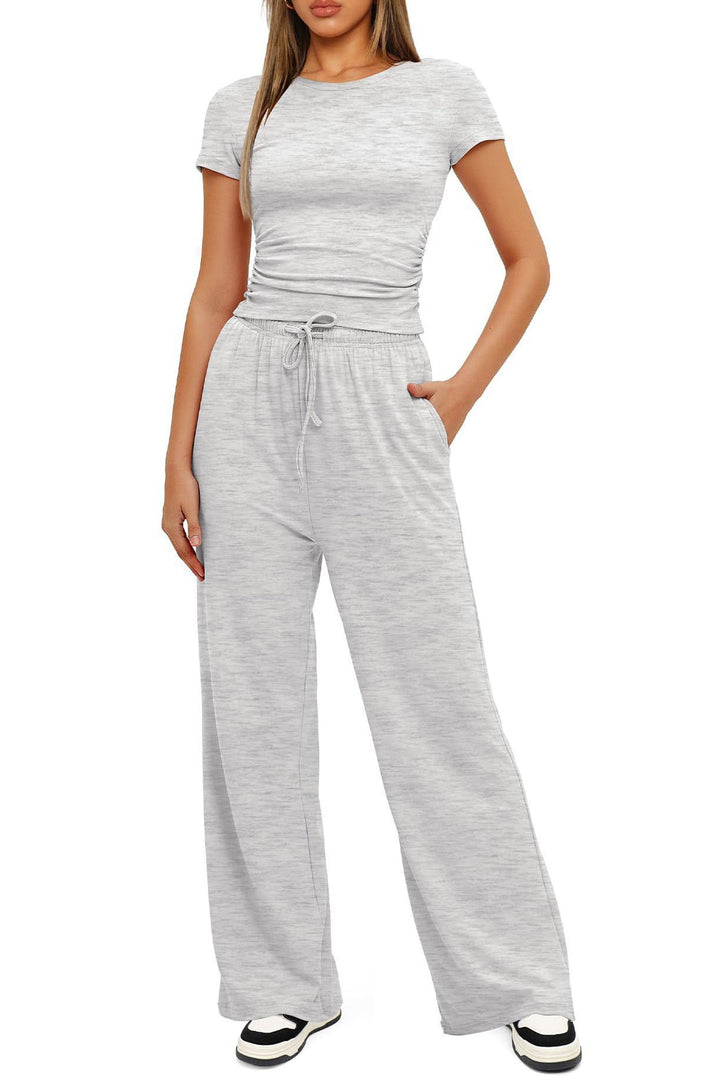 Solid Crew Neck Cotton T-shirt Pants Suits