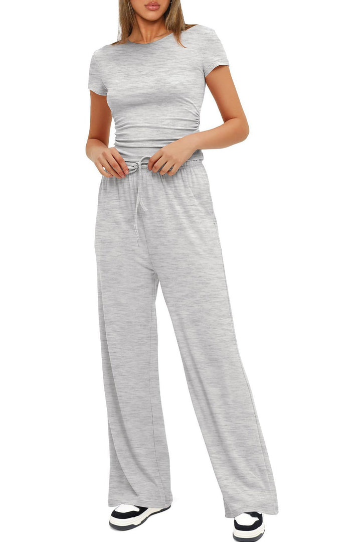 Solid Crew Neck Cotton T-shirt Pants Suits