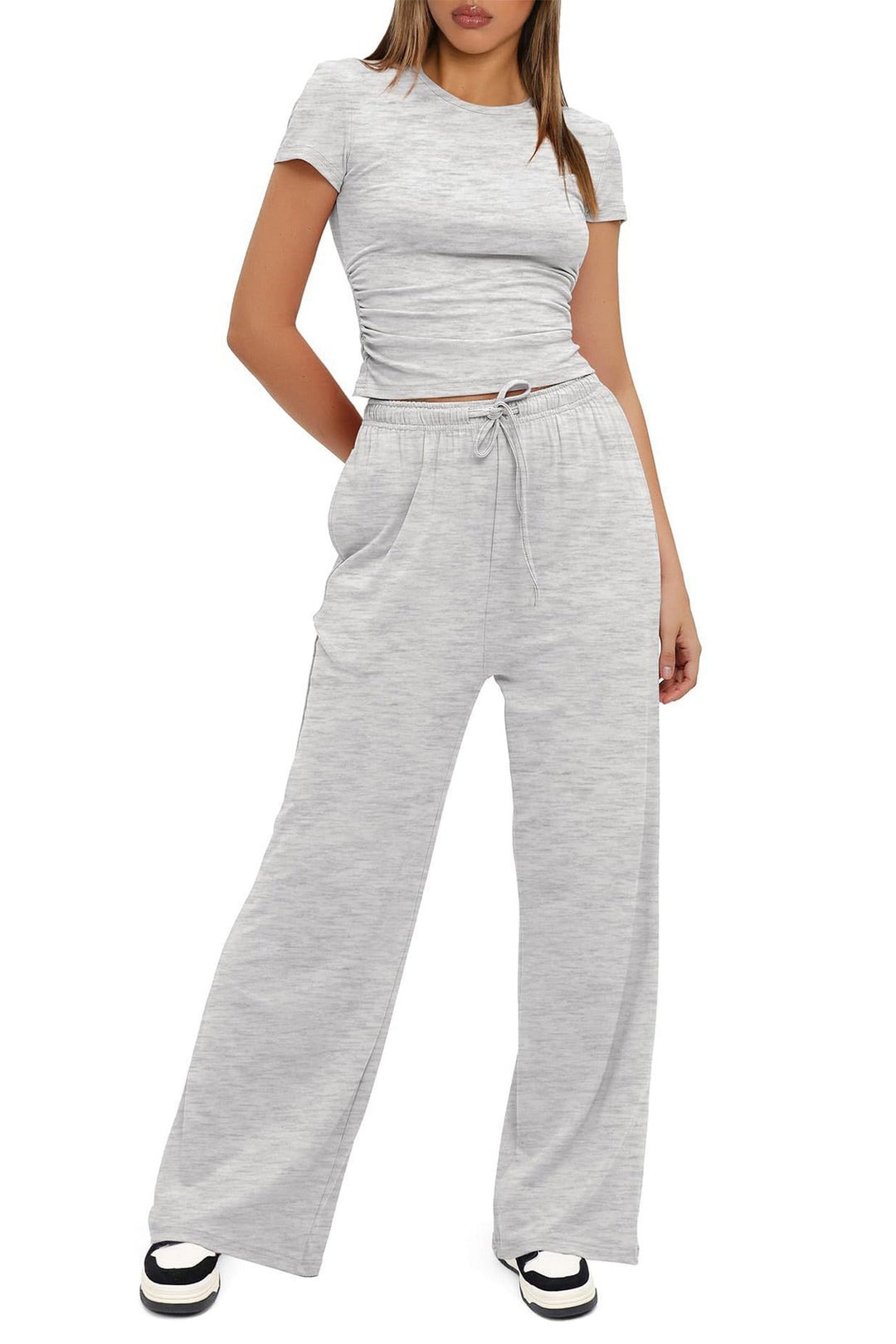 Solid Crew Neck Cotton T-shirt Pants Suits
