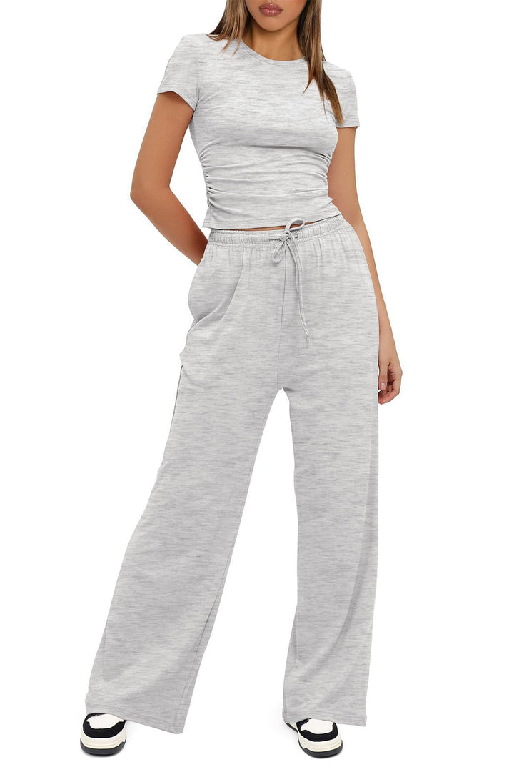 Solid Crew Neck Cotton T-shirt Pants Suits