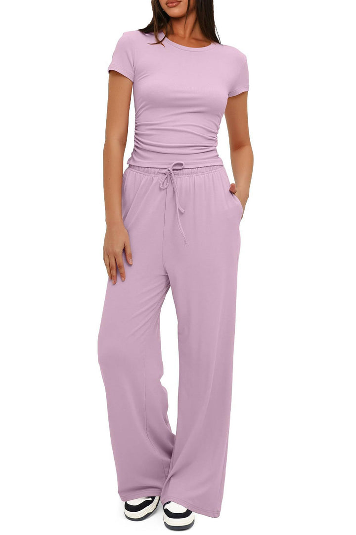 Solid Crew Neck Cotton T-shirt Pants Suits