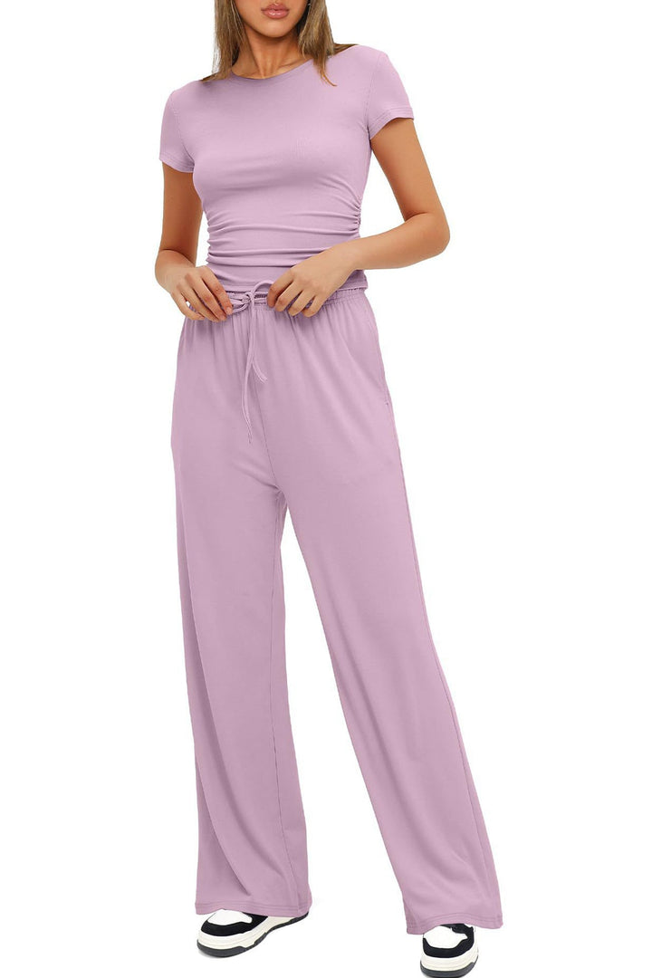 Solid Crew Neck Cotton T-shirt Pants Suits