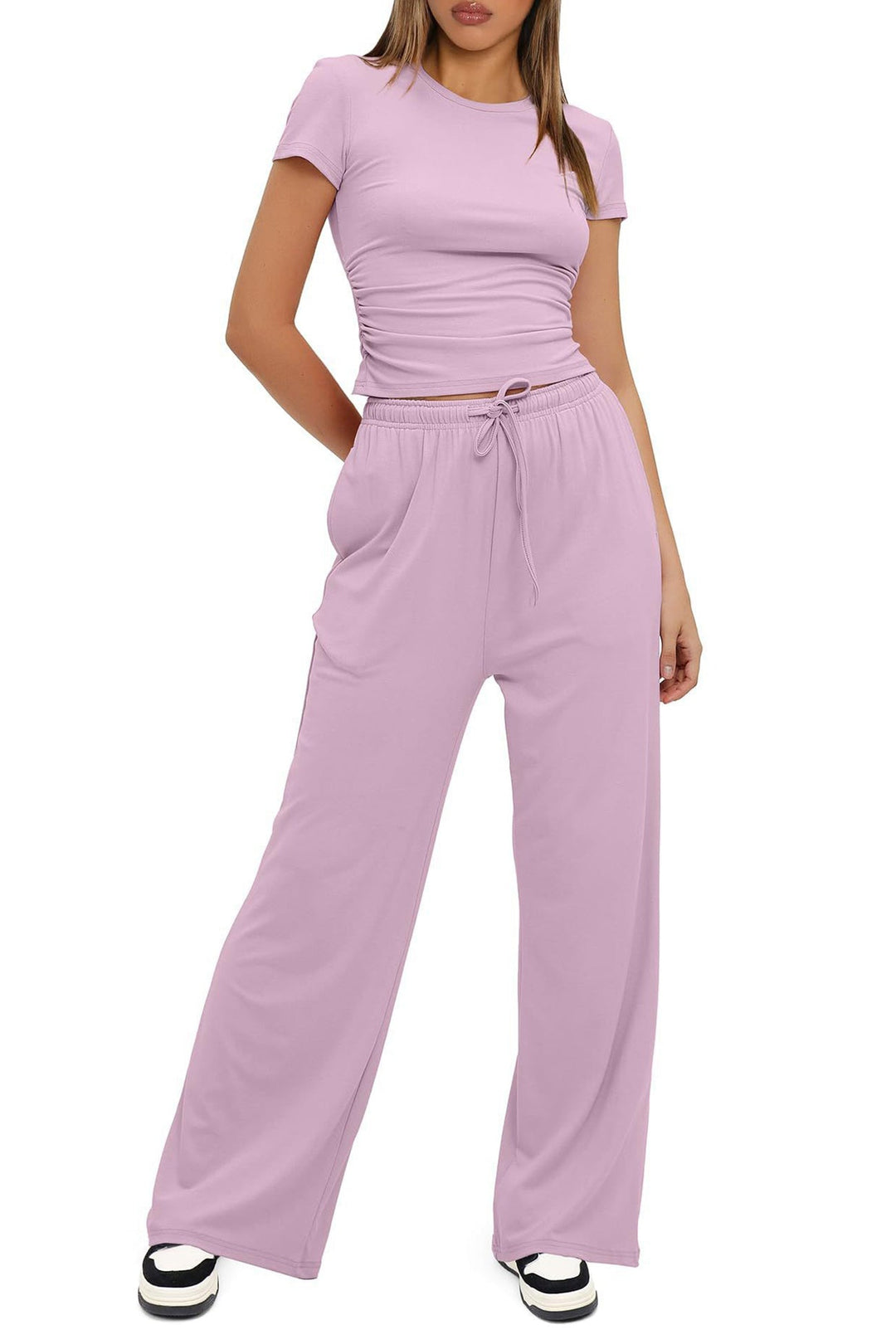 Solid Crew Neck Cotton T-shirt Pants Suits