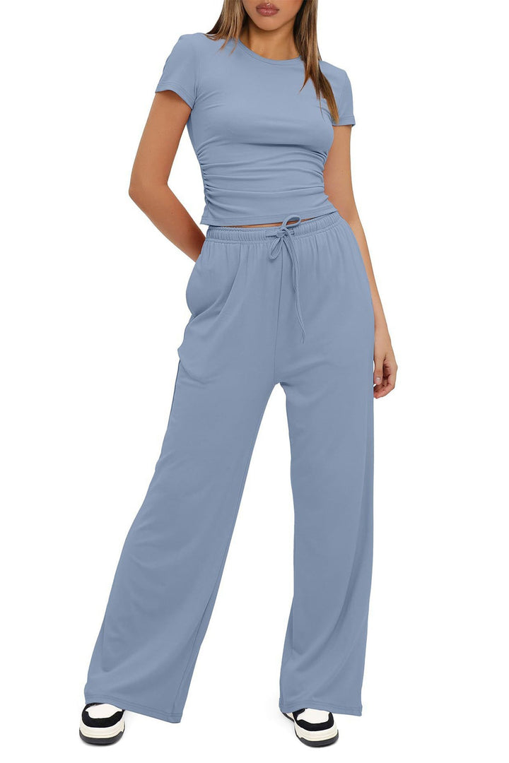 Solid Crew Neck Cotton T-shirt Pants Suits
