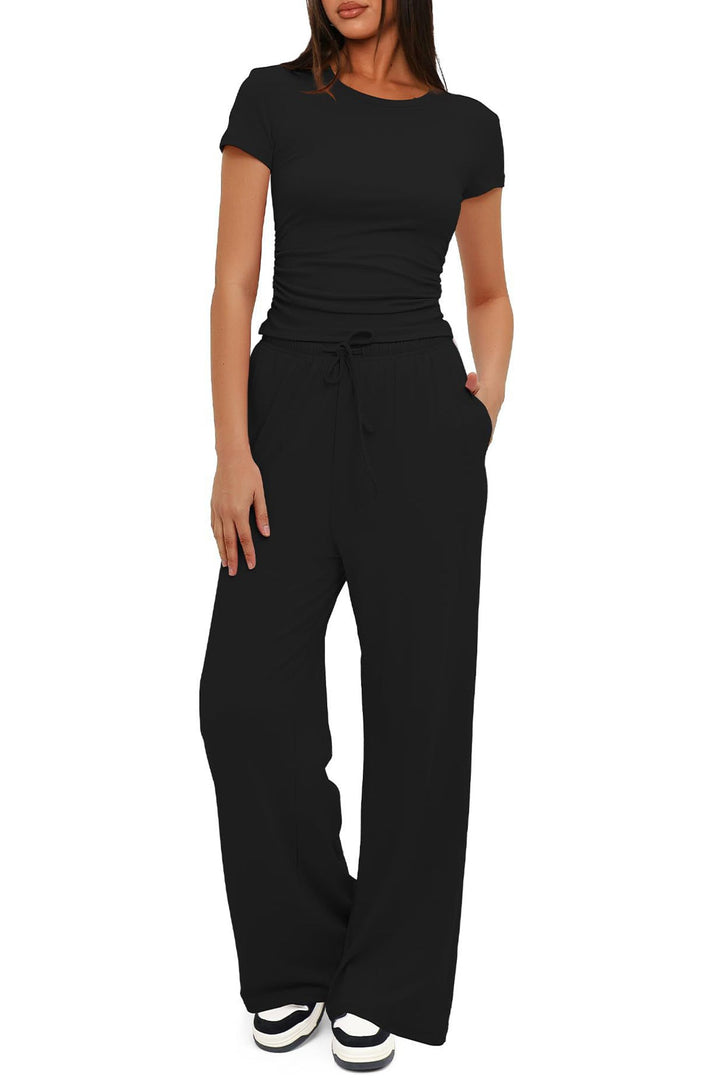 Solid Crew Neck Cotton T-shirt Pants Suits