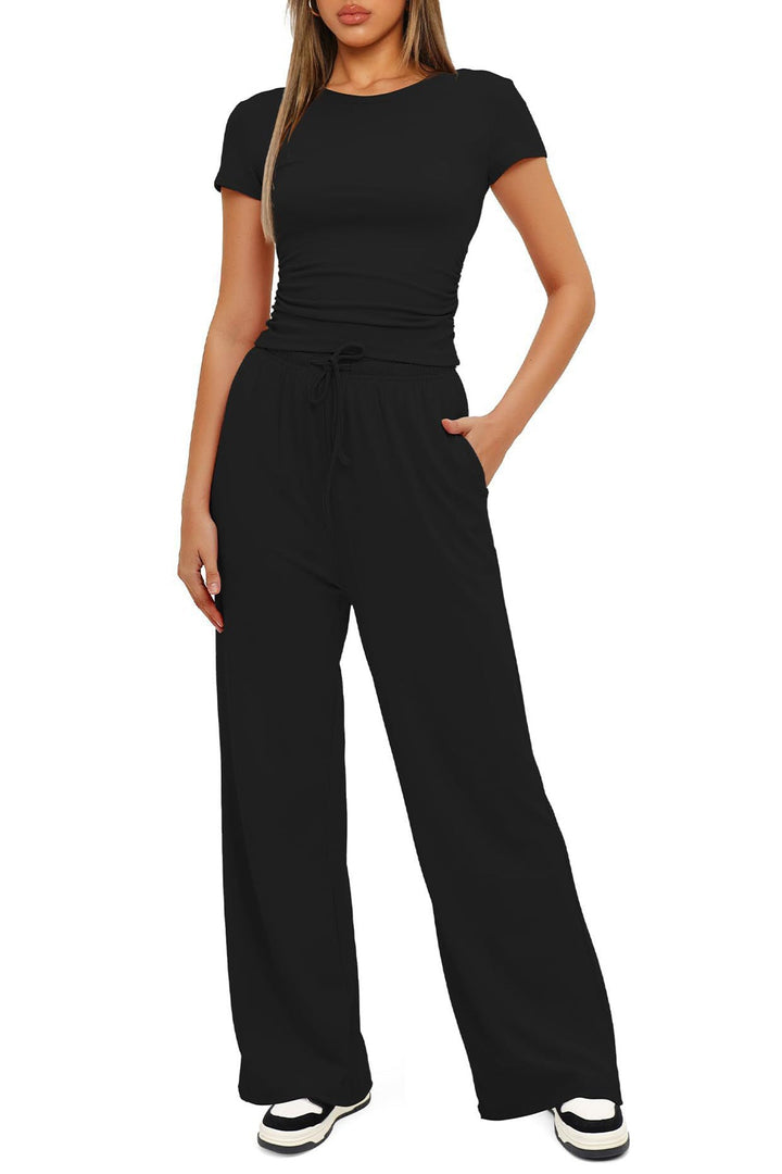 Solid Crew Neck Cotton T-shirt Pants Suits