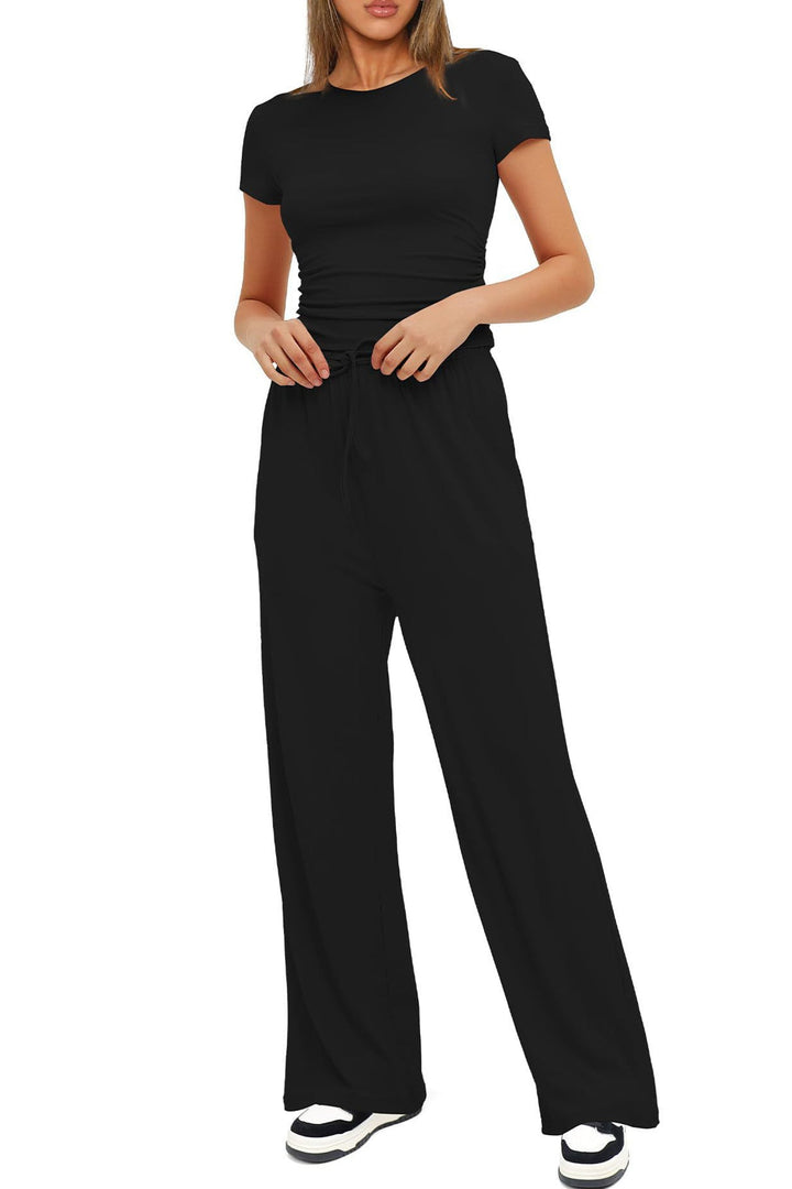 Solid Crew Neck Cotton T-shirt Pants Suits