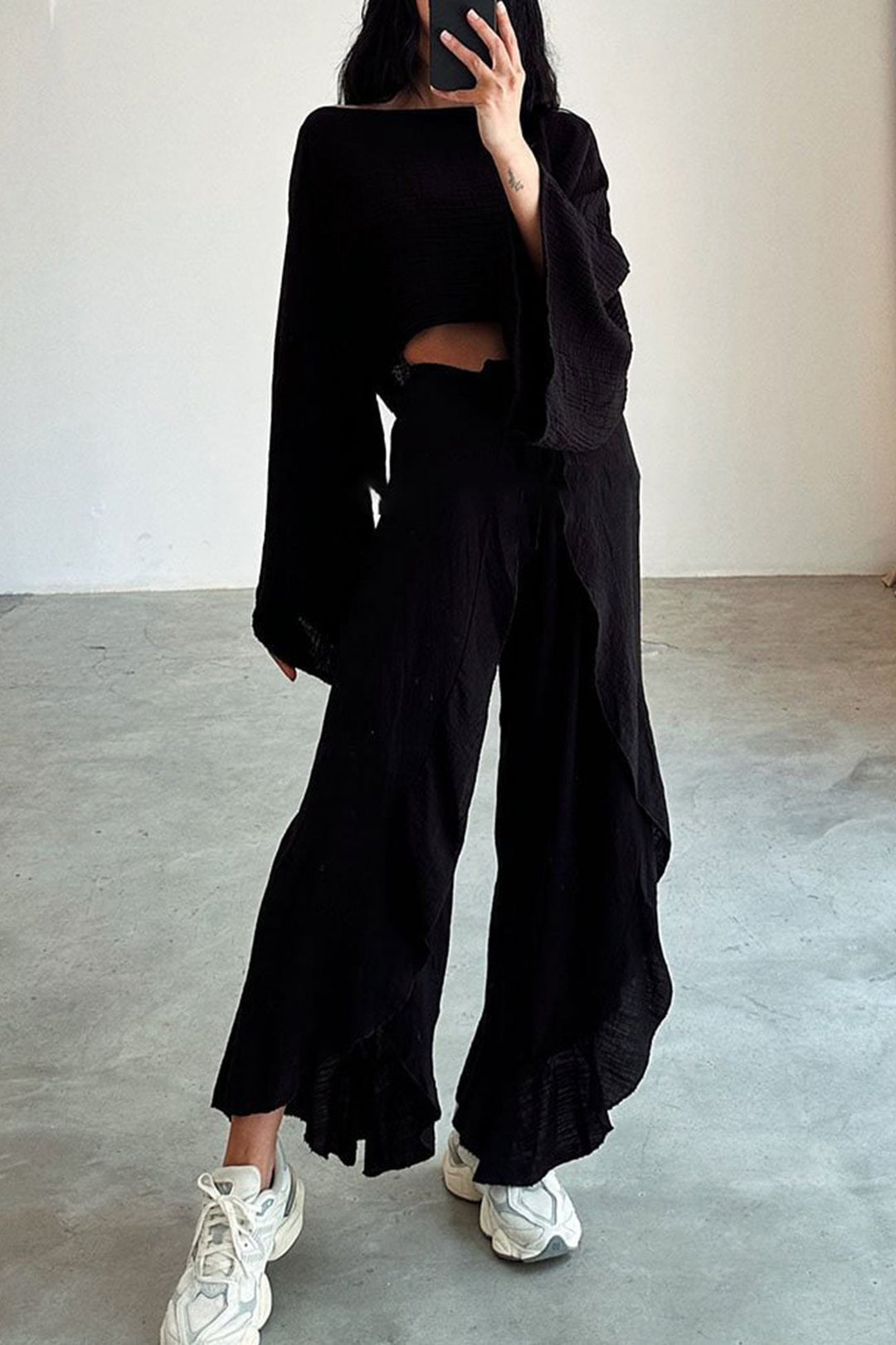 Solid Crop Top Slit Pants Suits