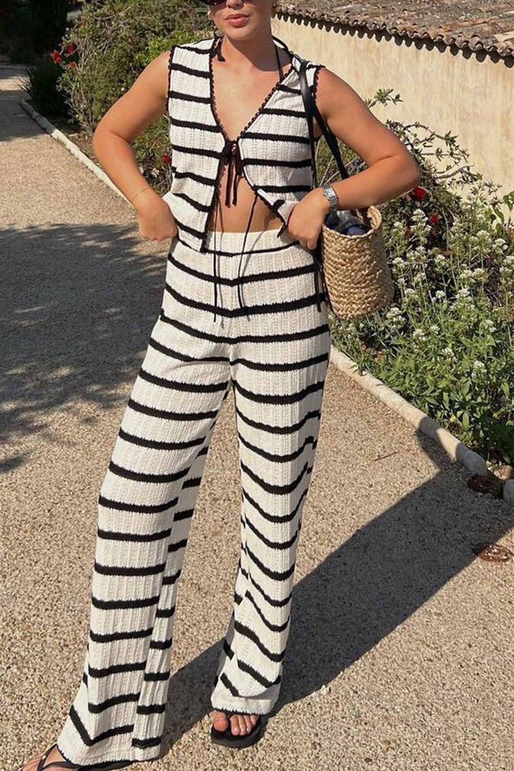 Striped Knit Tie-up Tank Top Pants Suits