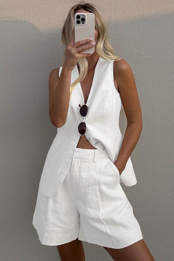 V Neck Button-up Cotton Linen Vest Shorts Set