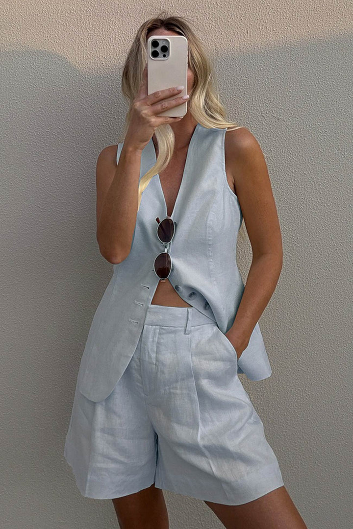 V Neck Button-up Cotton Linen Vest Shorts Set