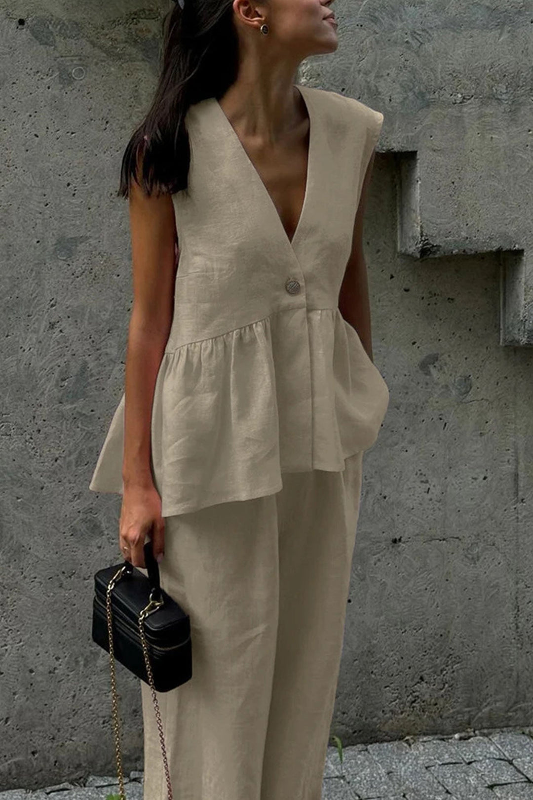 V Neck Cotton Loose Vest Pants Set