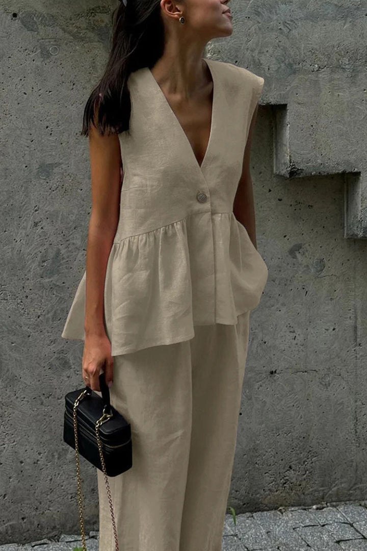 V Neck Cotton Loose Vest Pants Set