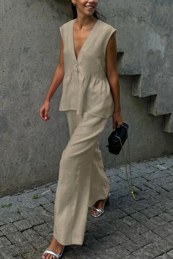 V Neck Cotton Loose Vest Pants Set