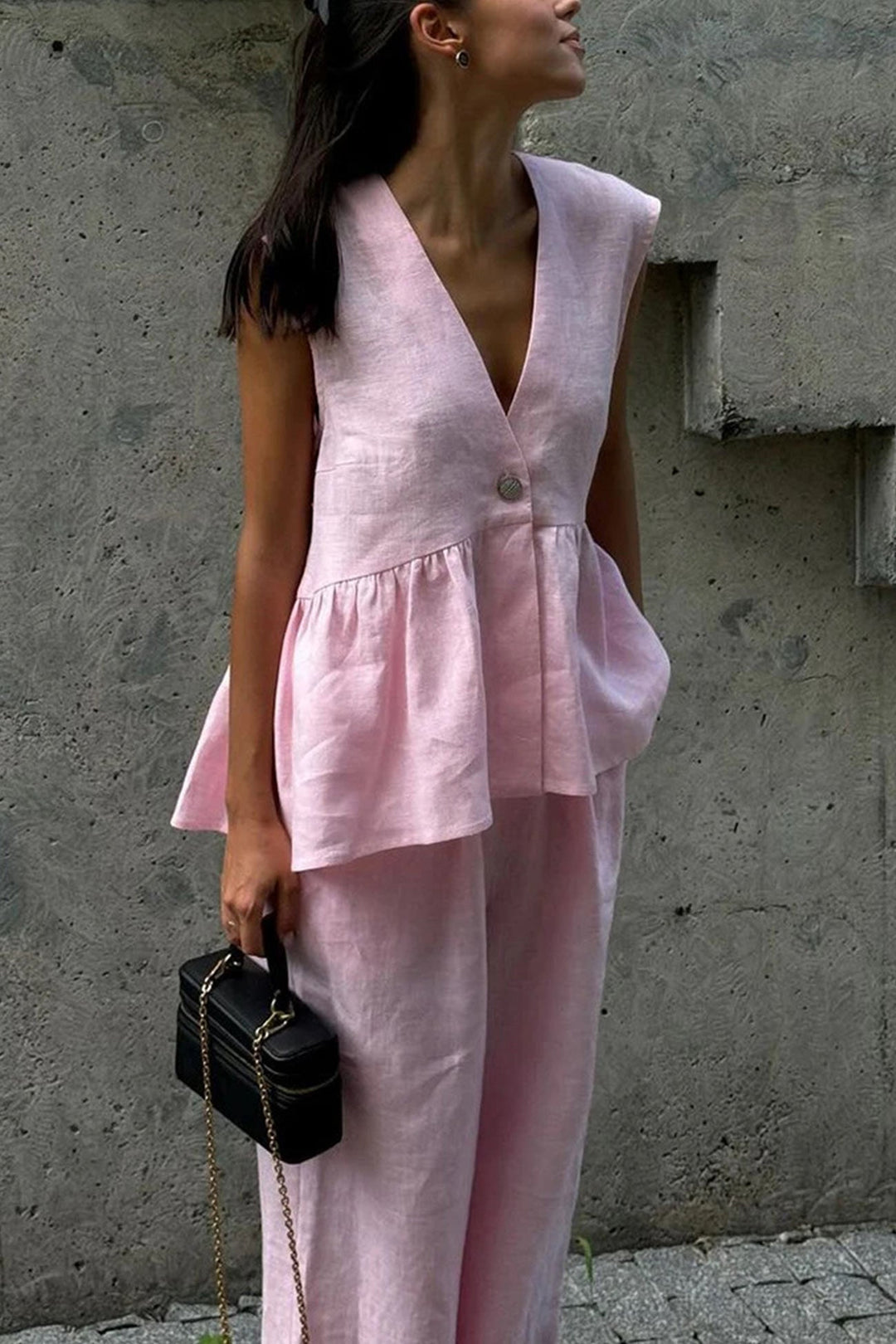 V Neck Cotton Loose Vest Pants Set