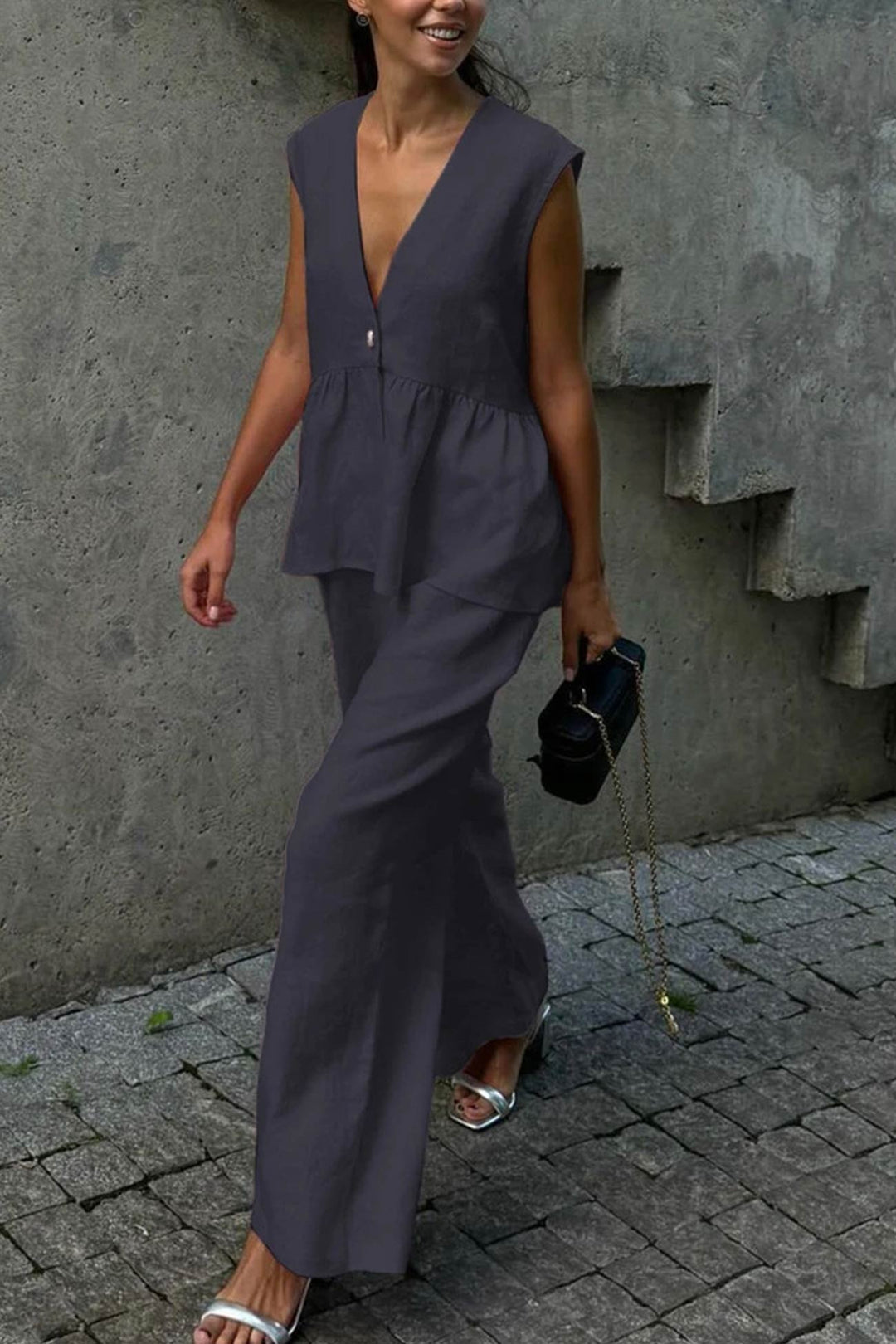 V Neck Cotton Loose Vest Pants Set
