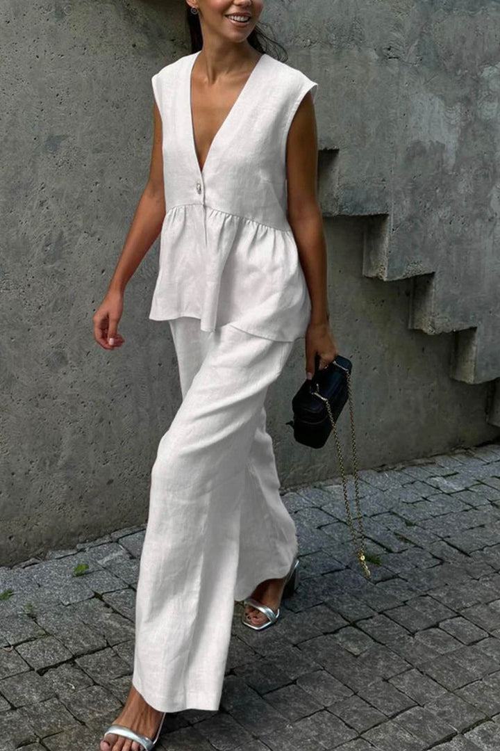 V Neck Cotton Loose Vest Pants Set