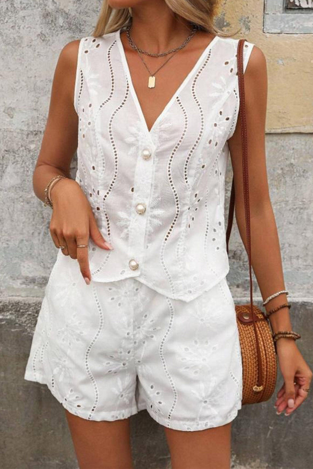 V Neck Embroidery Hollow Out Vest Set