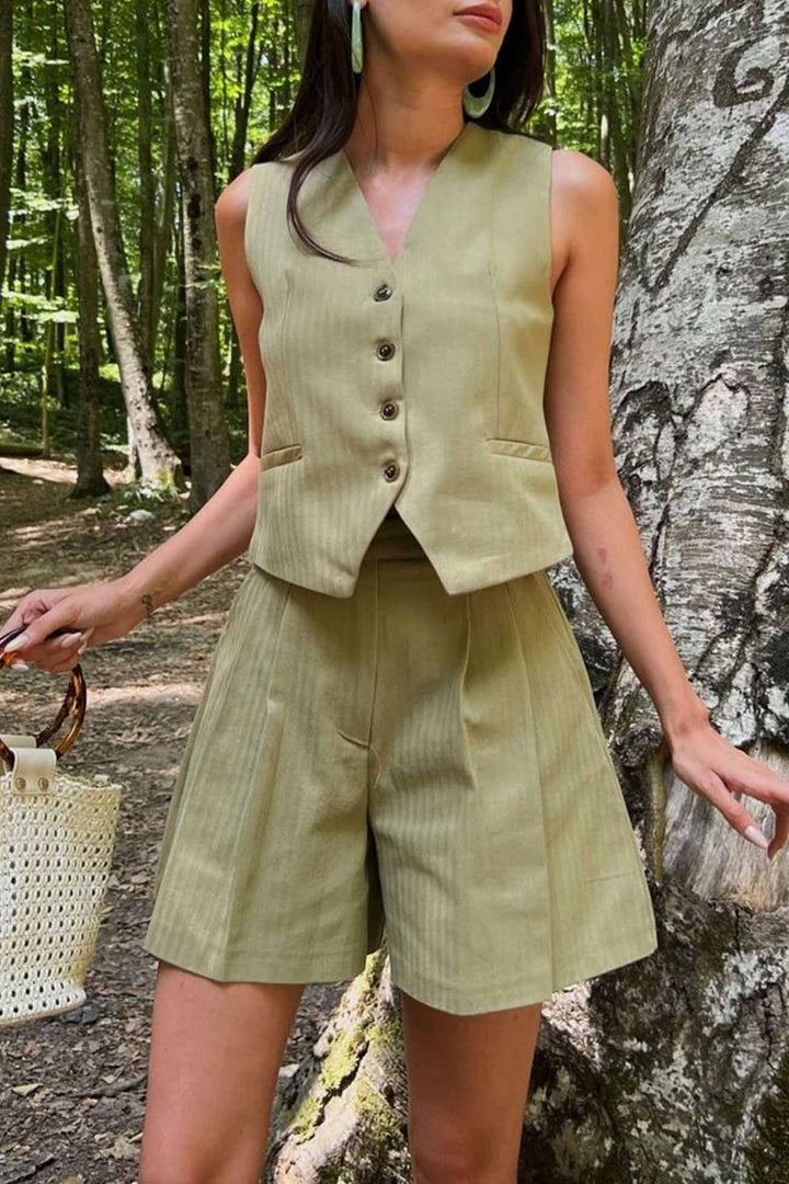 V Neck Button Front Vest Shorts Set