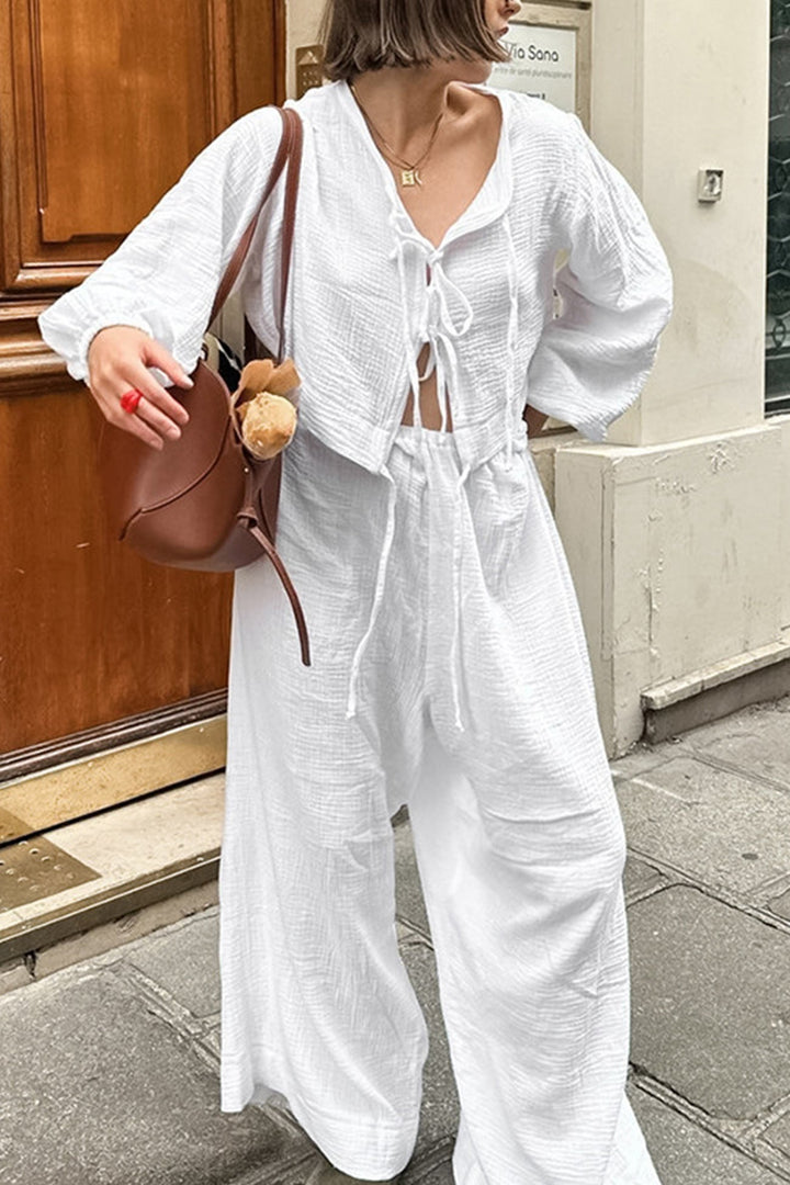 White Cotton Tie-up Shirt Long Pants Set
