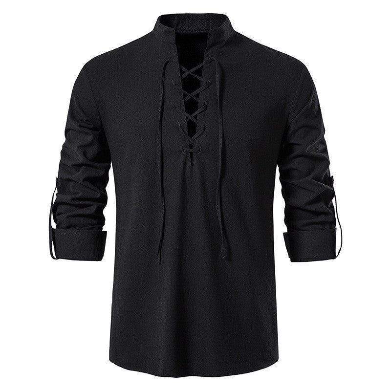 Men's Cotton Linen Long Sleeve Casual Stand Collar Shirt