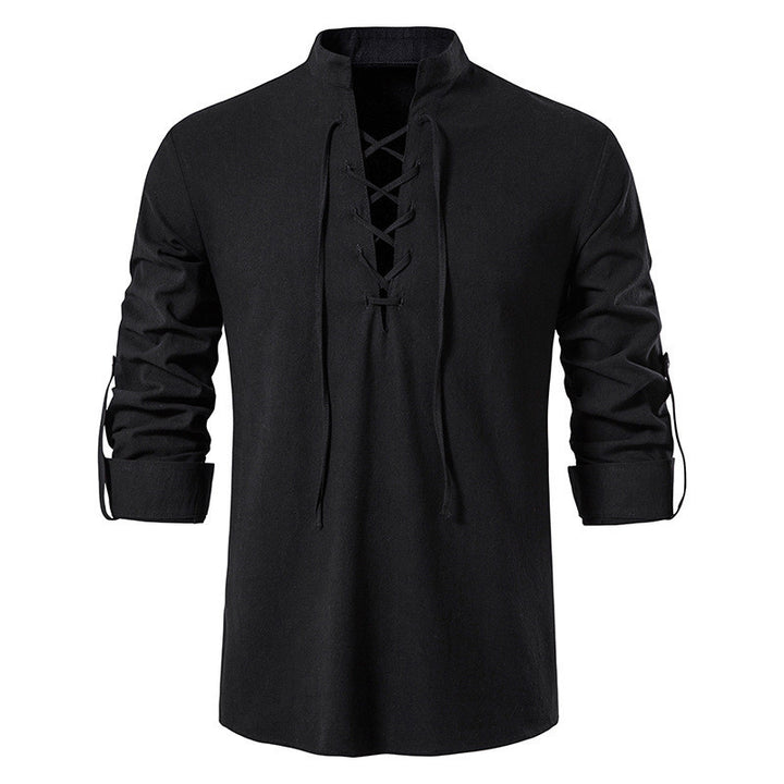 Men's Cotton Linen Long Sleeve Casual Stand Collar Shirt