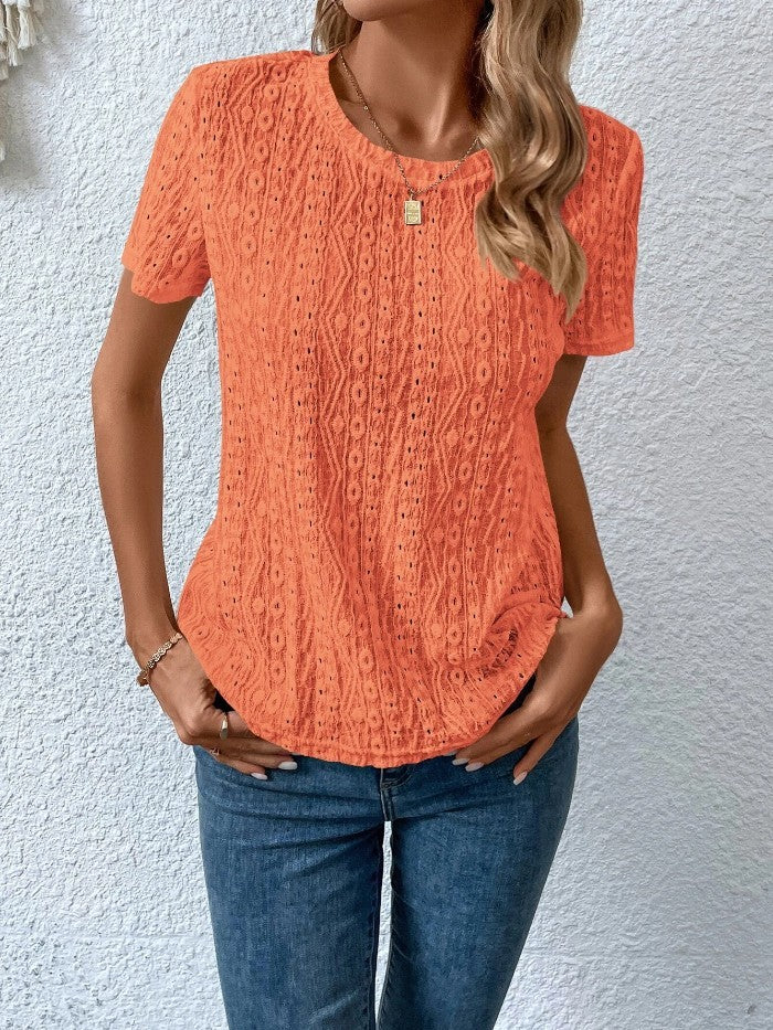 Hollowed Leisure Solid Color Round Neck T-shirt For Women
