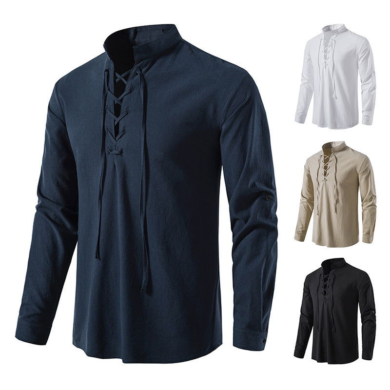 Men's Cotton Linen Long Sleeve Casual Stand Collar Shirt