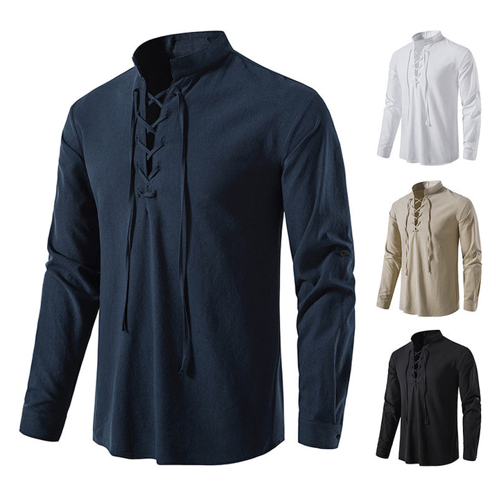 Men's Cotton Linen Long Sleeve Casual Stand Collar Shirt