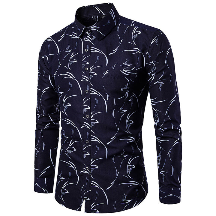 Printed Long-sleeved Slim Casual Shirt Men