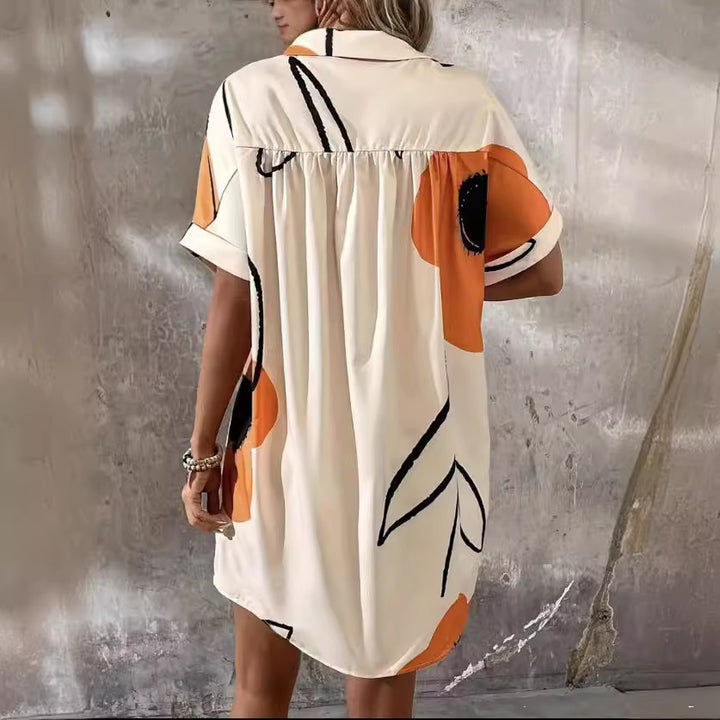 Plus Size Women's Printed Pleated Loose Shirt Dress