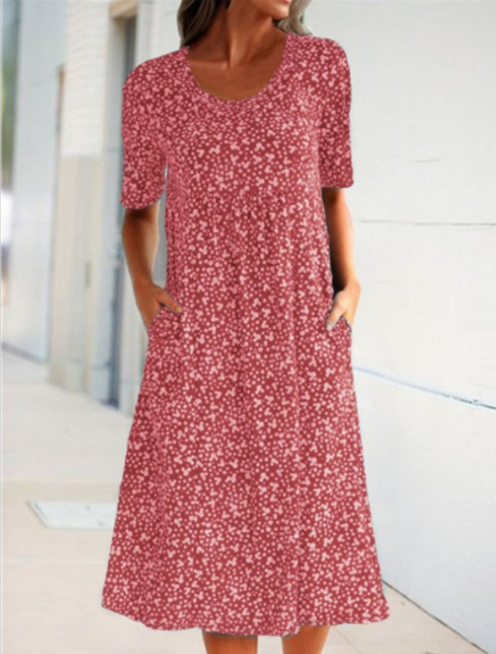 Women's Round Neck Floral Mid Length Short Sleeve Dress