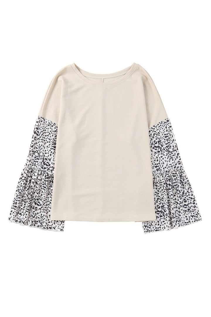 Beige Leopard Bell Sleeve Patchwork Plus Size Top