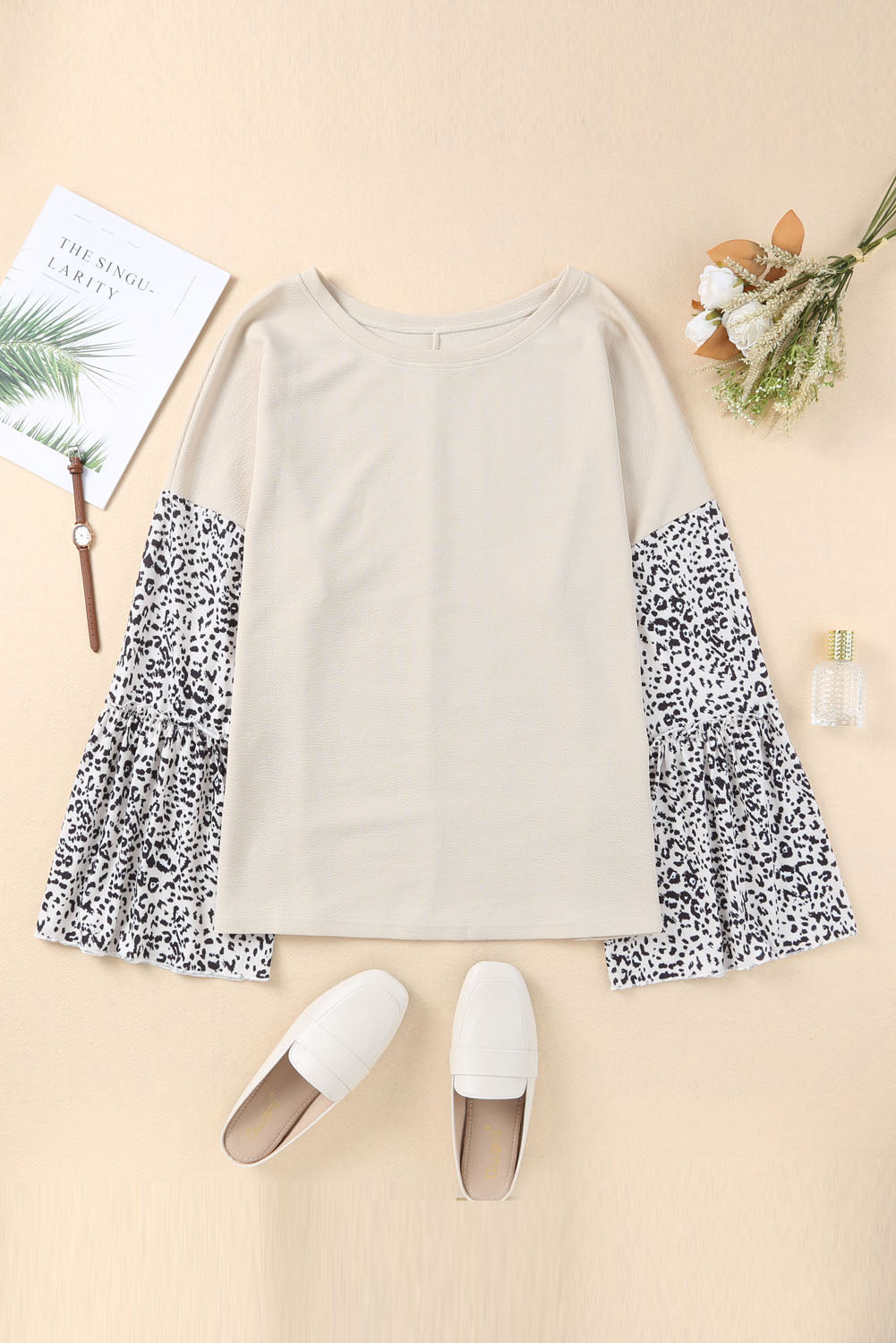 Beige Leopard Bell Sleeve Patchwork Plus Size Top