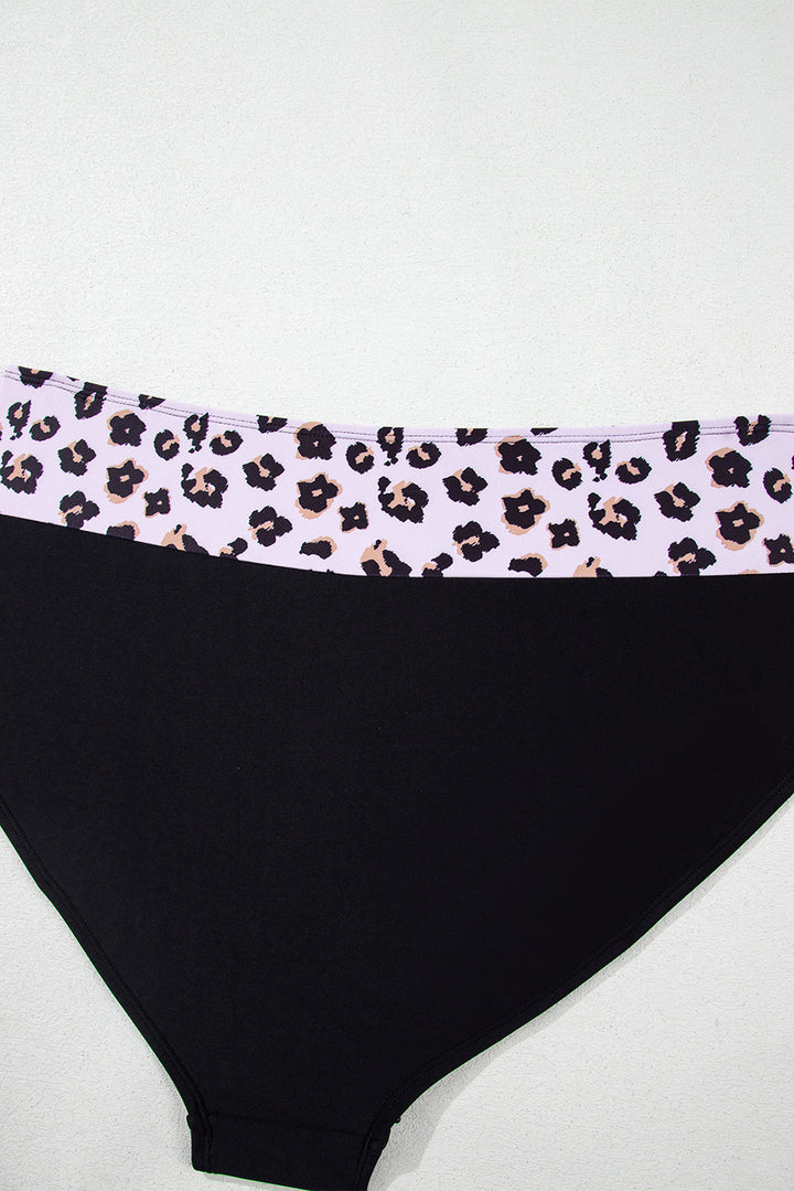 Black 2pcs Leopard Patchwork Plus Size High Waisted Swimsuit