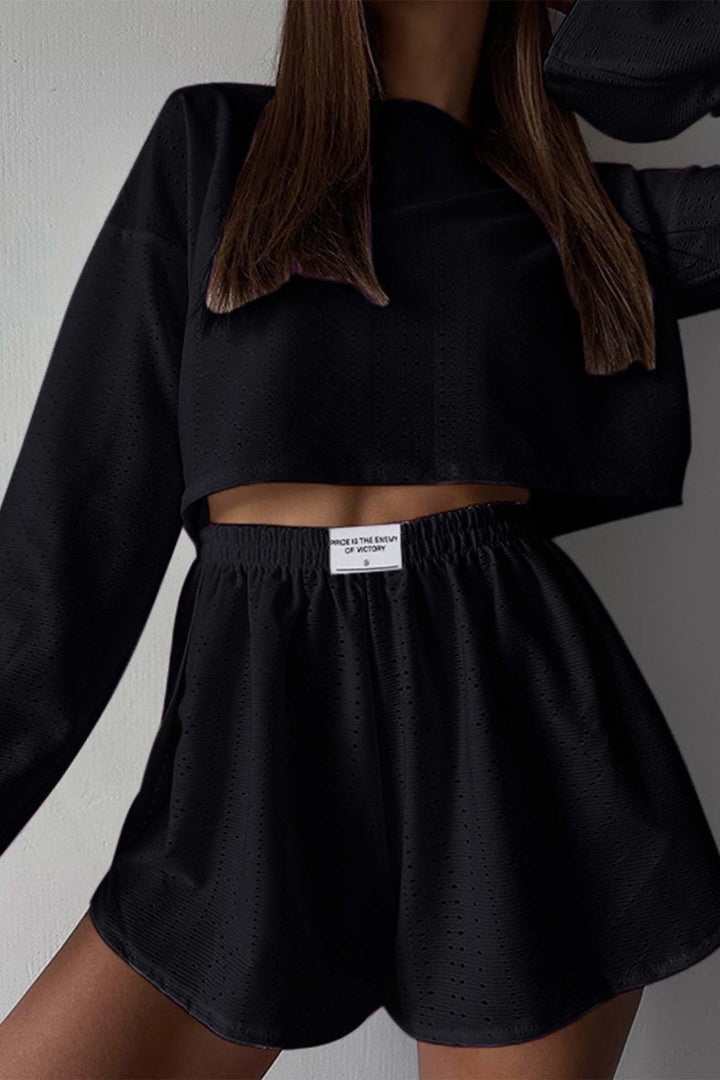 Hollow Long Sleeve Shorts Slit Two-Piece Set
