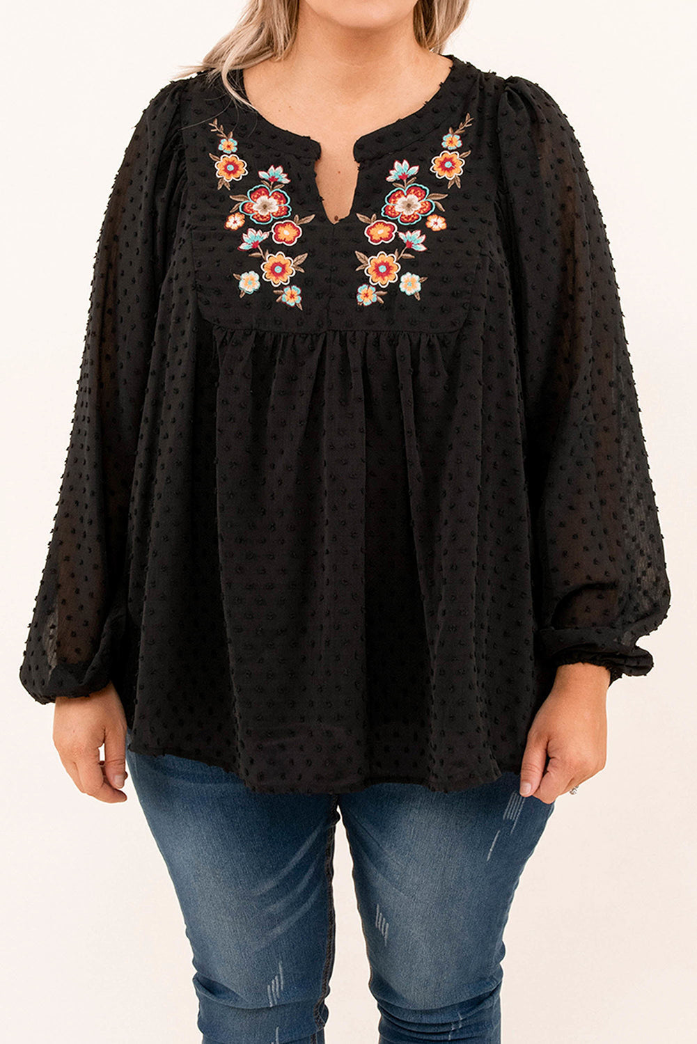 Black Embroidered Swiss Dot Texture Plus Size Blouse