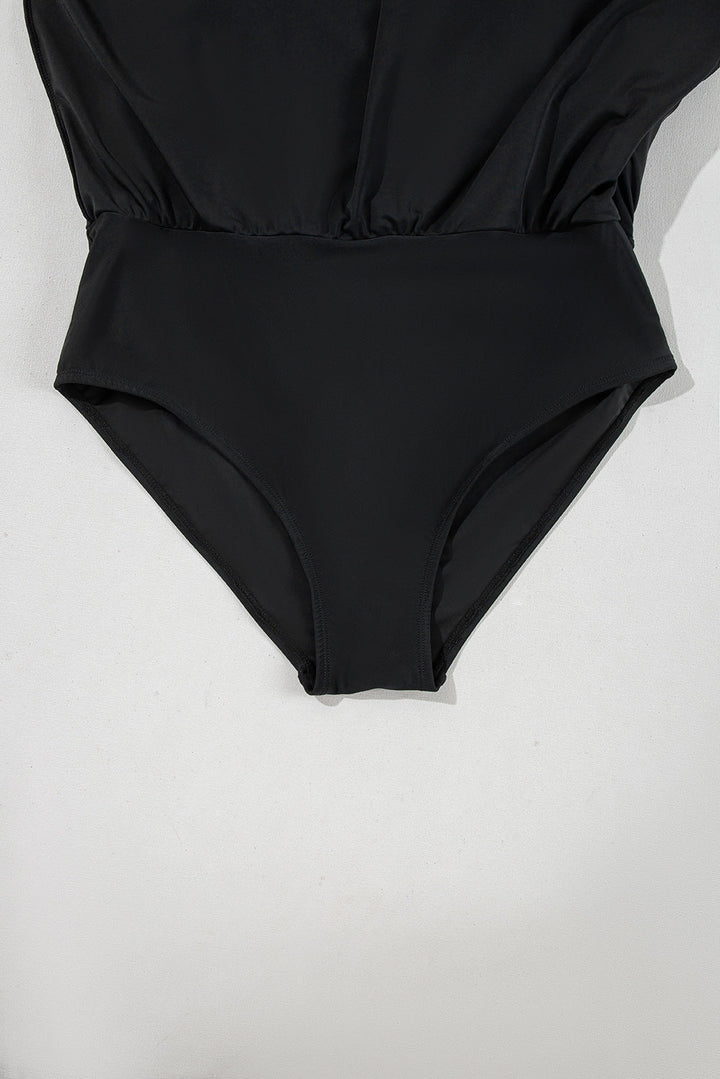 Black Solid Color Square Neck Knotted Plus Size One Piece Swimsuit