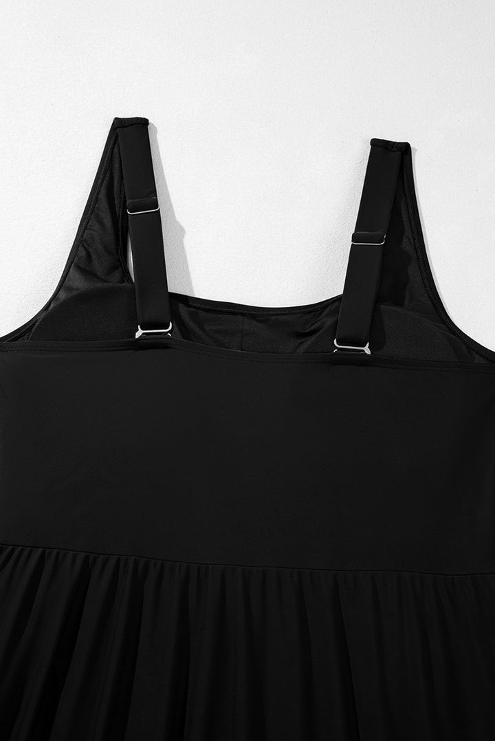 Black Solid Color Square Neck Knotted Plus Size One Piece Swimsuit