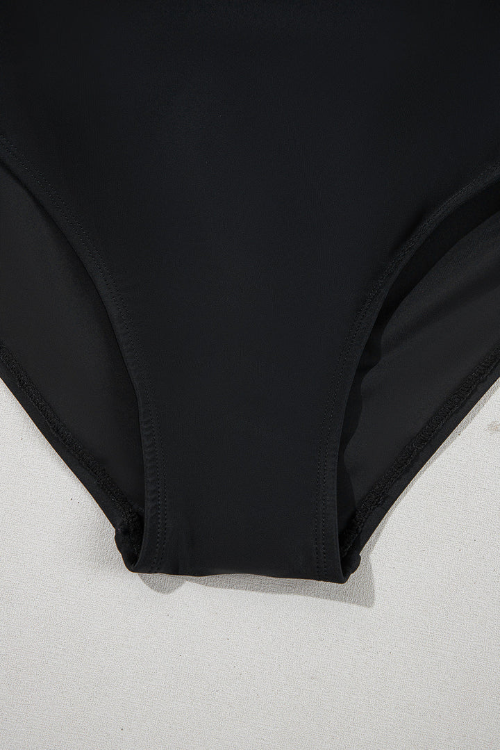 Black Solid Color Square Neck Knotted Plus Size One Piece Swimsuit