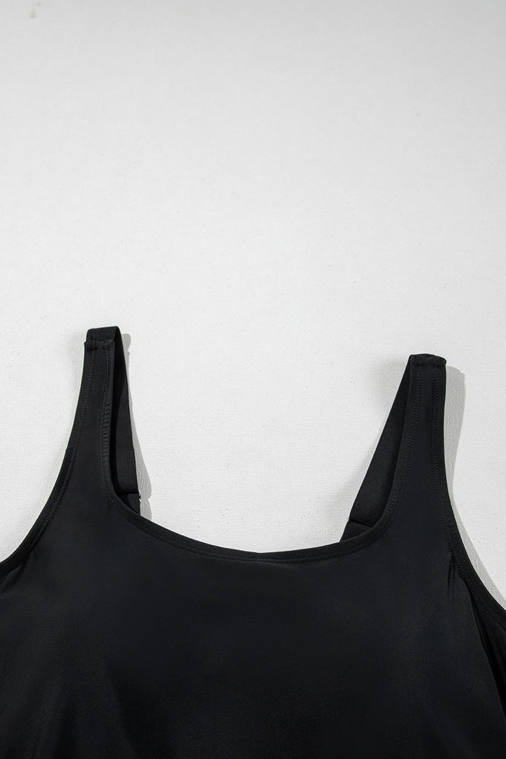 Black Solid Color Square Neck Knotted Plus Size One Piece Swimsuit