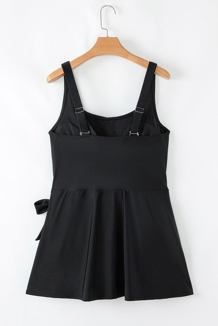 Black Solid Color Square Neck Knotted Plus Size One Piece Swimsuit