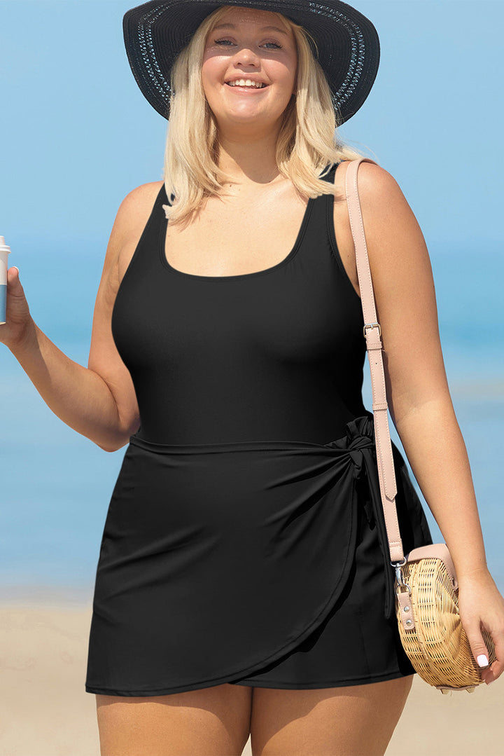 Black Solid Color Square Neck Knotted Plus Size One Piece Swimsuit