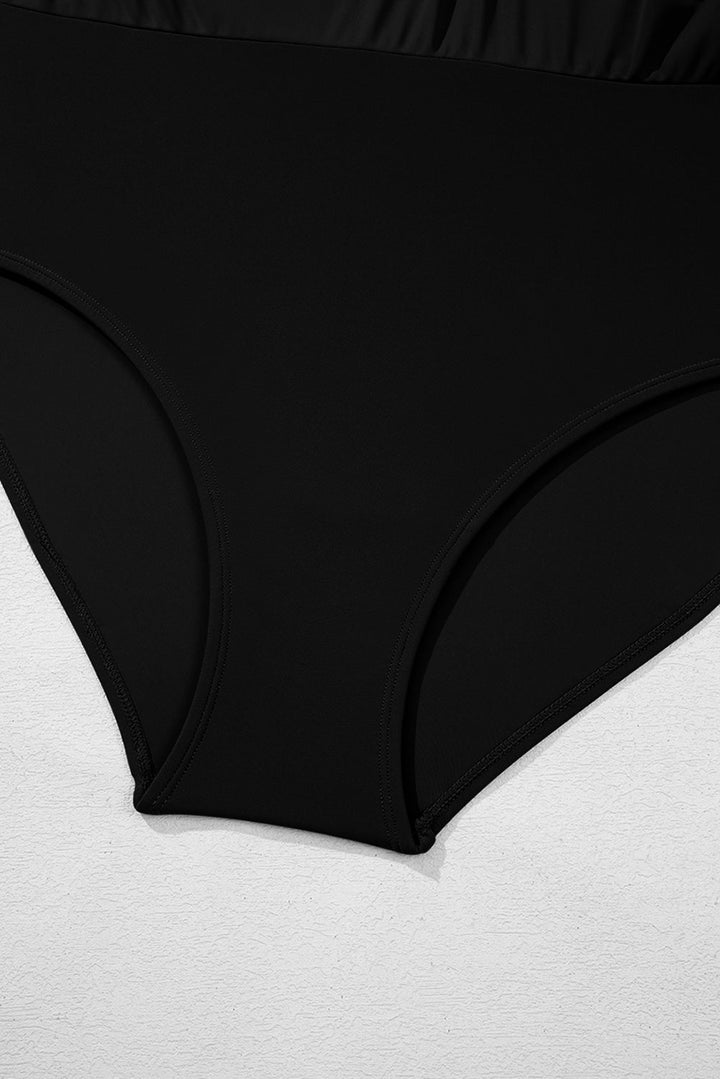 Black Solid Color Square Neck Knotted Plus Size One Piece Swimsuit