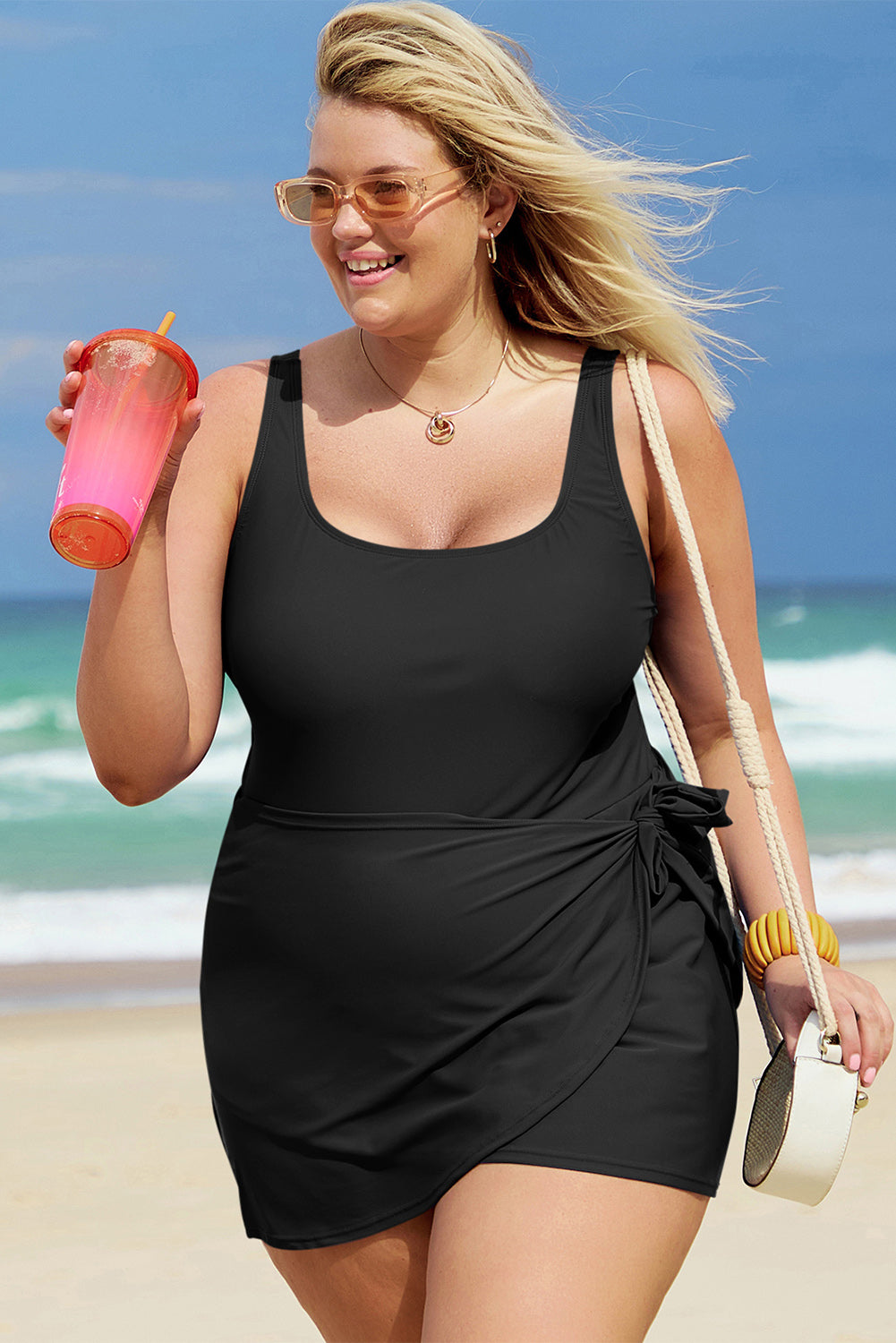 Black Solid Color Square Neck Knotted Plus Size One Piece Swimsuit