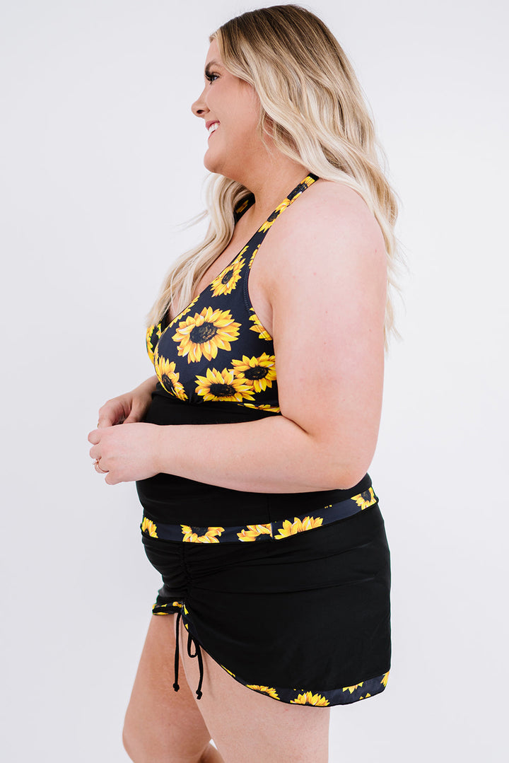 Black Sunflower Strappy Halter Drawstring Side Plus Size Tankini Set