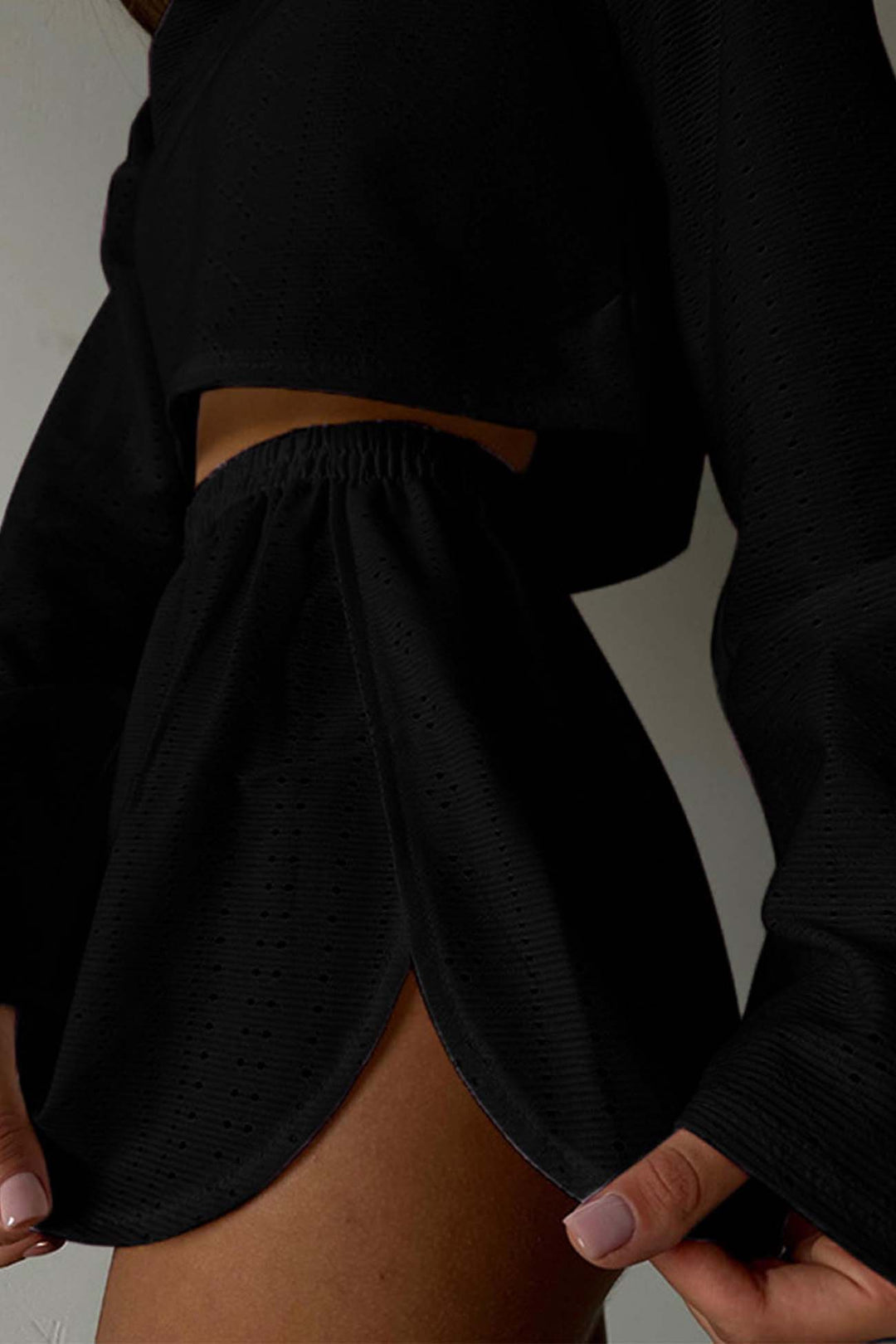 Hollow Long Sleeve Shorts Slit Two-Piece Set