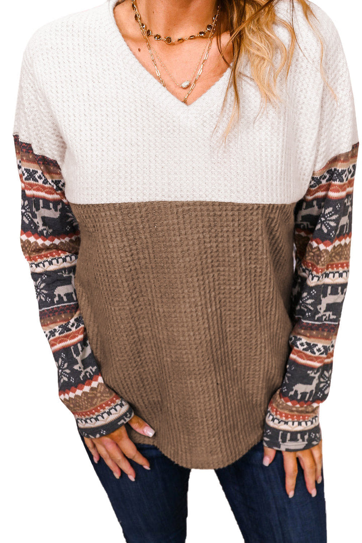 Brown Christmas Elk Color Block Waffle Knit Top