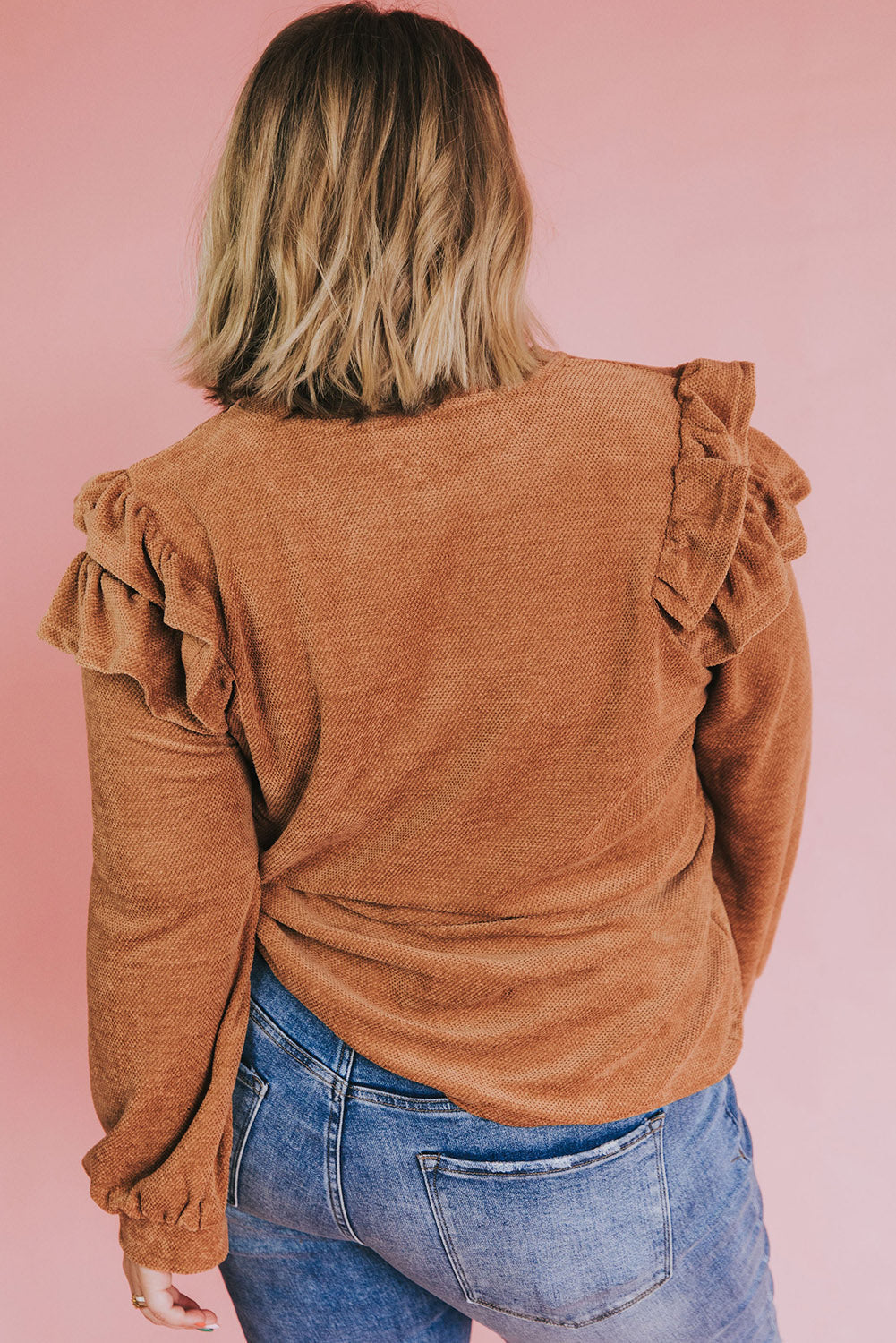Brown Plus Size Solid Ruffled Tiered Long Sleeve Top